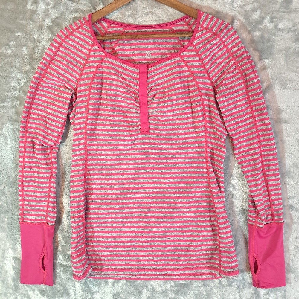 Lululemon Run Sport Henley Shirt Womens Sz 10 Pink Striped Long Sleeve Stretch